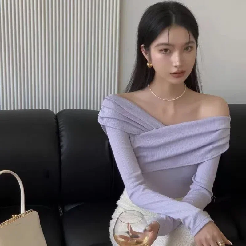 

Temperament Off Shoulder Slim Bottoming Shirt Solid Simplicity Fashion T Shirt Tops Summer Korean Elegant Women Clothing S857