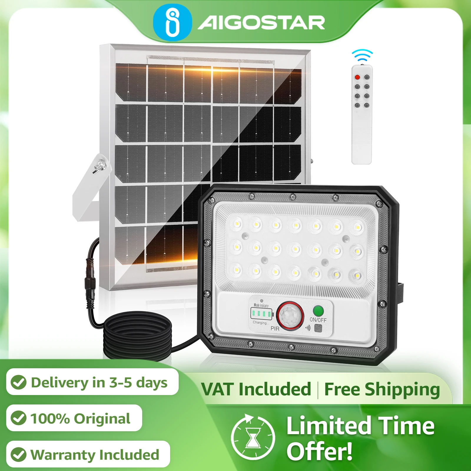 Aigostar Foco Solar con Sensor de Movimiento | 4000mAh IP65 con Mando | Luz Blanca 6500K de Seguridad Exterior