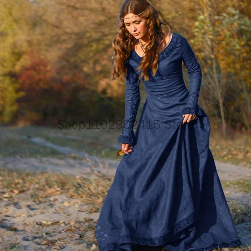 Women Medieval Vintage Dress European and American Classical  European Central Party Long Sleeve Round Neck Dress