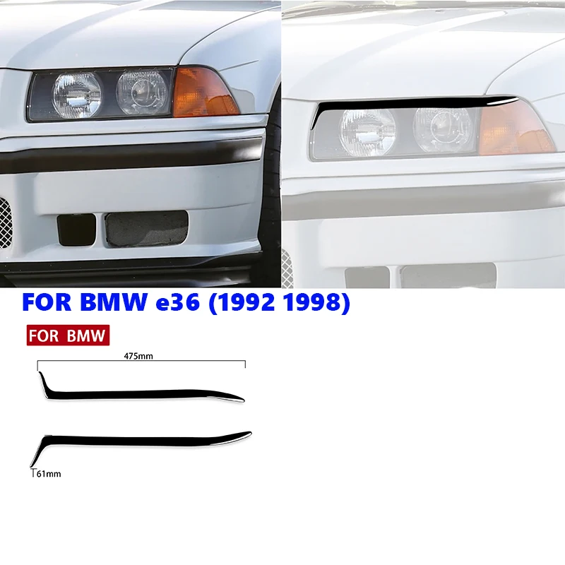 

For BMW E36 1992-1998 2Pcs Gloss Black Car Front Headlight Eyebrows Eyelid Lids Lamp Cover Sticker Trim Body Kits Tuning