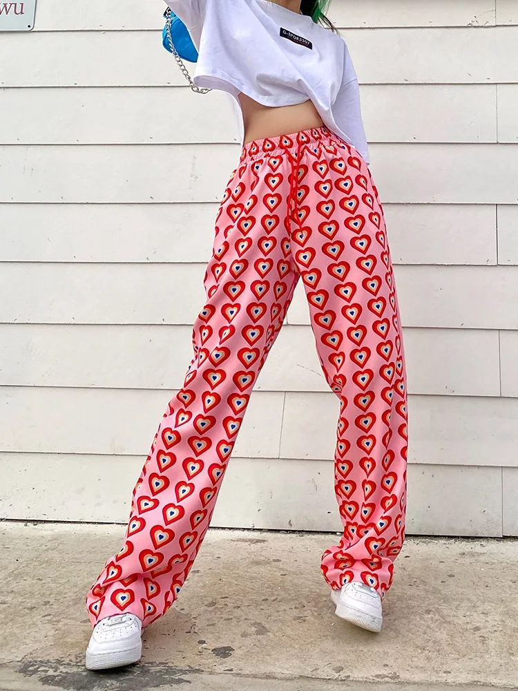 Women's Popular Heart-Shaped Printing High Waist Drawcord Loose And Slim Wide Leg Pants