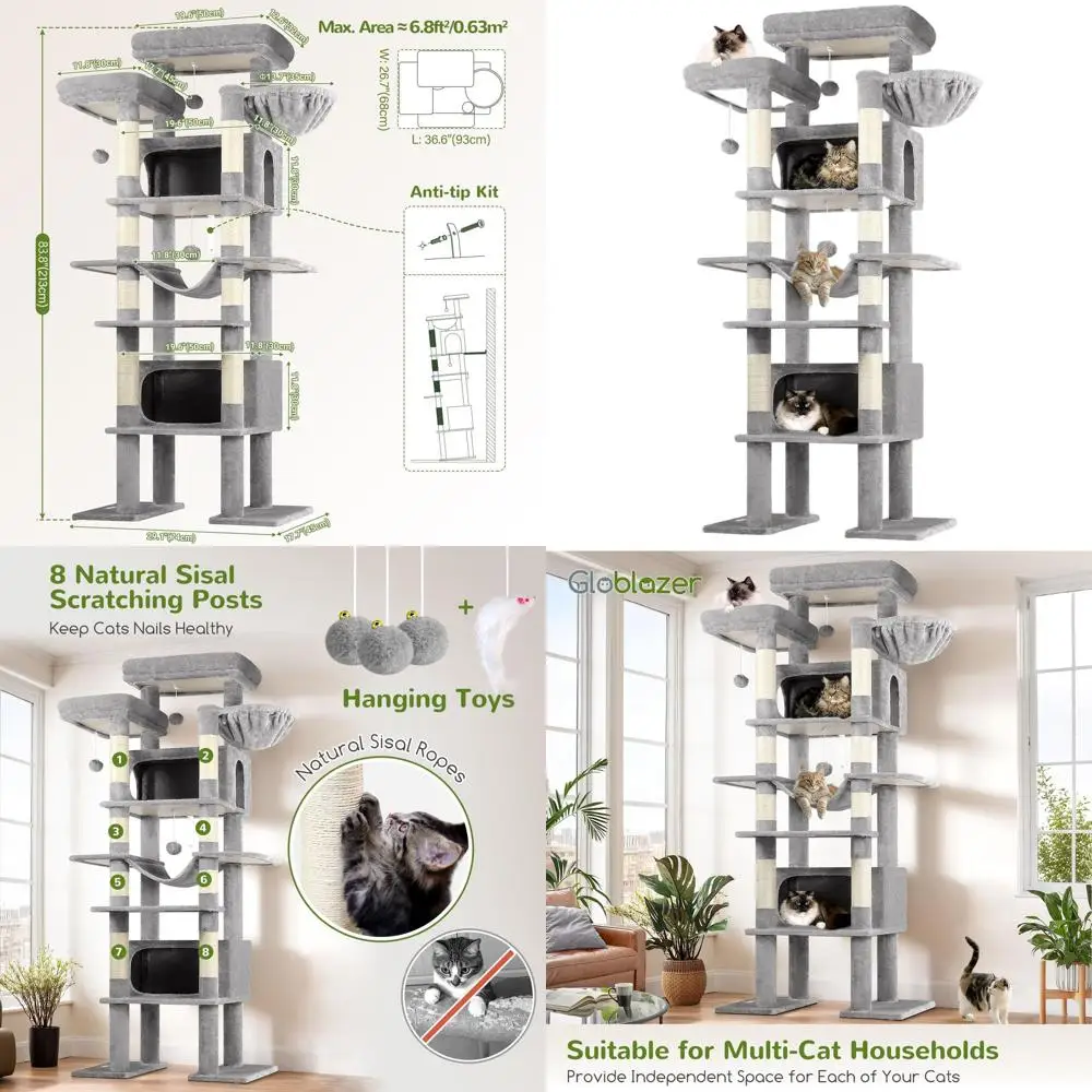 

83-дюймовая кошачья елка XXL для тяжелых условий эксплуатации с 8 когтеточками, гамаком, 2 петельками, 2 платформами, светло-серый