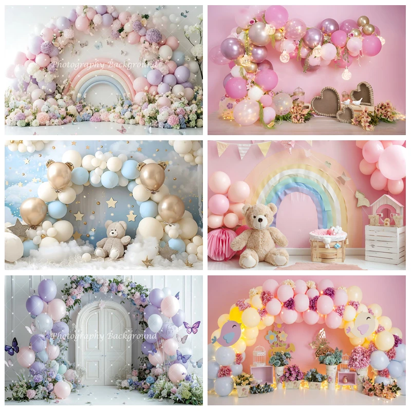 

Baby 1st Birthday Backdrop Rainbow Colorful Balloons Gender Reveal Photography Background for Cake Smash Boy Girl Party Decor
