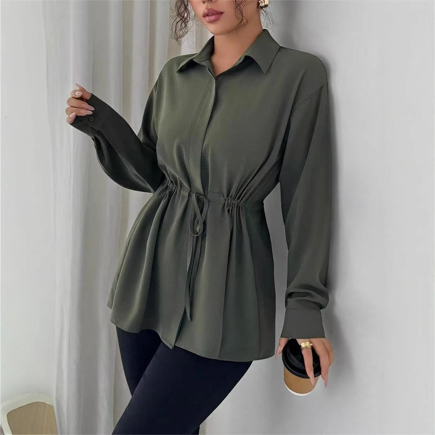 Roupas Femininas Lapel Lace Belted 2026 Women's Spring Summer Long Sleeve Solid Color Hem Casual Office Commuting Shirt T-shirt