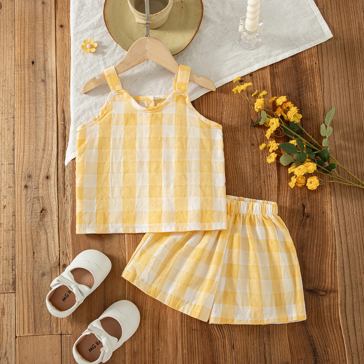2Pc/Set Baby Girl Set Summer Cotton Plaid Camisole Top Shorts Baby Sets Simple Casual Beach Baby Girl Clothing