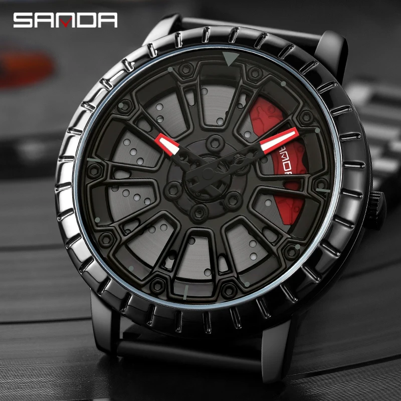 

SANDA 1058 Car Watch For Men Leather Strap Quartz Wristwatches New Sports Men's Watches With Wheel Rim Hub Design Montre Homme