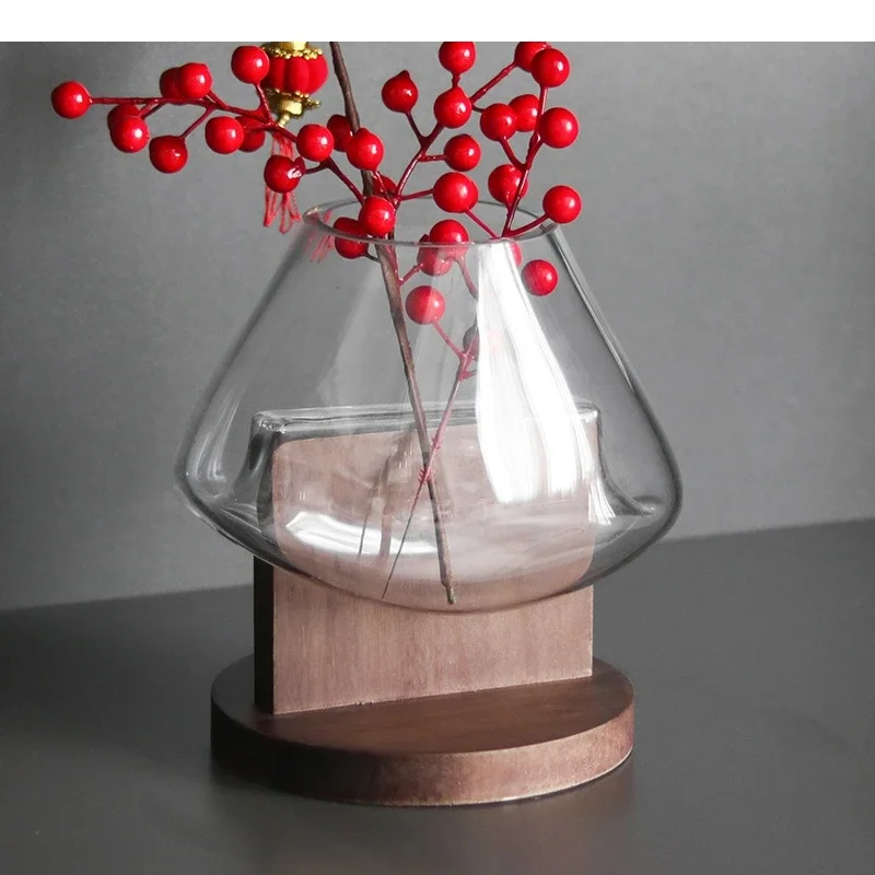 Solid Wood Base Glass Vase Abstract Fluid Separate Transparent Hydroponics Terrarium Flowerpot Home Decoration Accessories