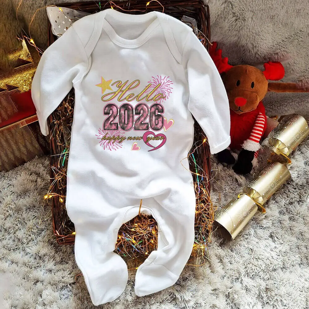 مرحبا 2026 سنة جديدة سعيدة Babygrow بلدي أول السنة الجديدة رومبير الشتاء الرضع ملابس النوم السنة الجديدة القادمة المنزل الزي