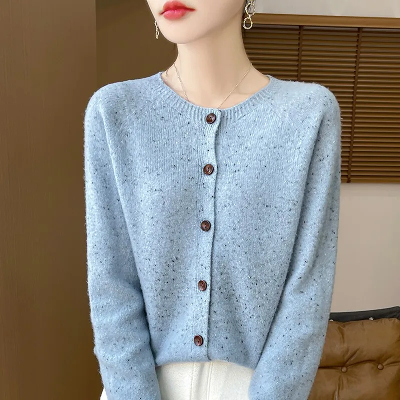 100% Pure Cashmere Cardigan Women's Round Neck Line Ready-to-Wear Bright Silk Sweater Coat Loose Sweater Thick Sweater