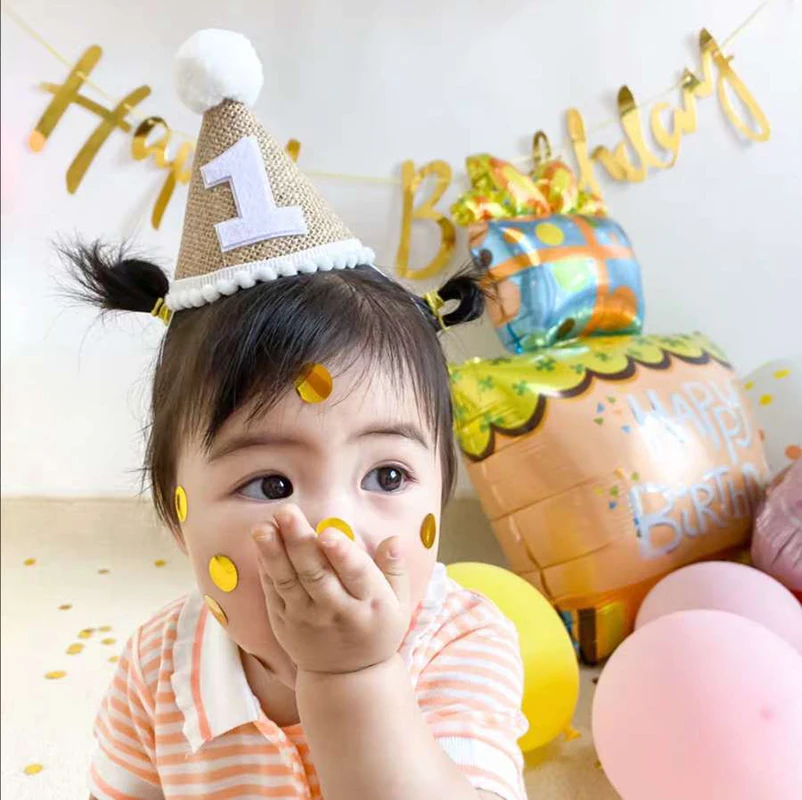 Pierwsze urodziny czapka korona jutowa Kids Boy Girl Newborn 1st 2rd 3th Birthday Party dekoracja Baby Shower lniana opaska