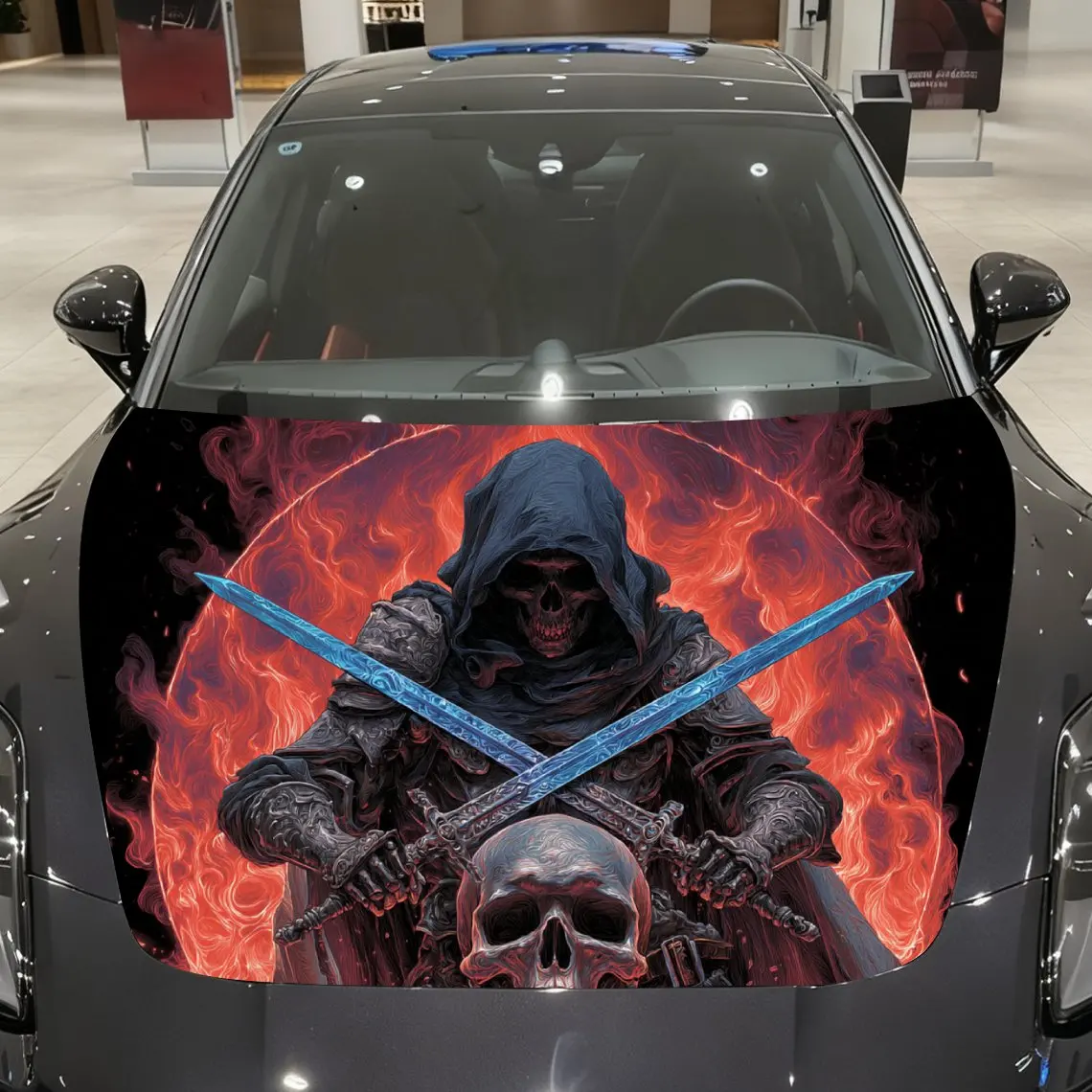 Flame Realm Twin Swords Death God Etiqueta engomada del embalaje del capó del coche, material de PVC, autoadhesivo impermeable, pintura antideslizante, exterior del coche