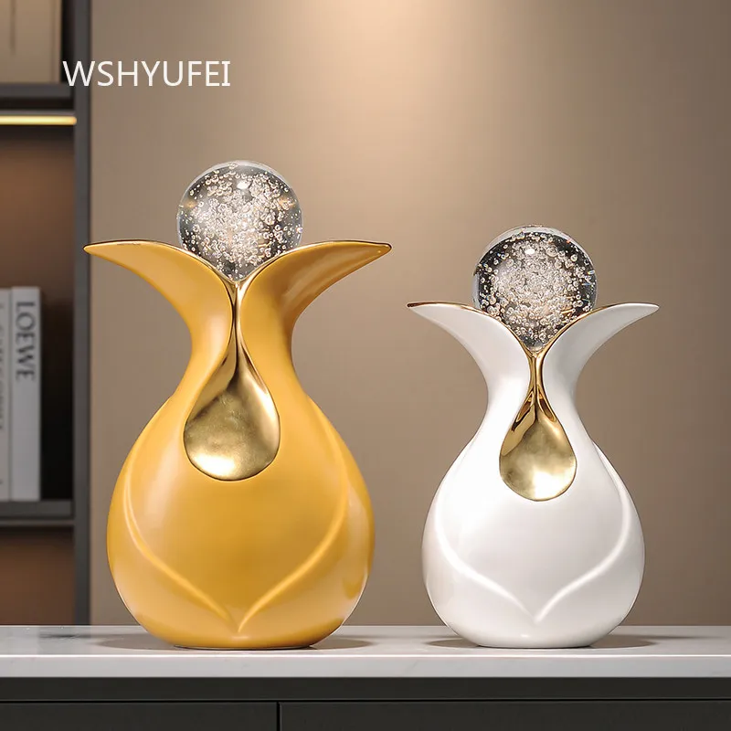 1pc Modern Ceramic Sculpture with Crystal Ball and Gold Accent Abstract Art Figurine for Home Decor and Table Centerpiece