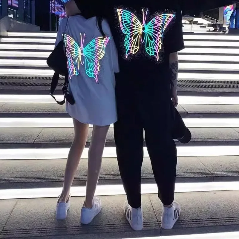 

Reflective Butterfly Short Sleeve T Shirt Women Summer Casual Loose Fit Mid Long Tops Couple Matching Tees Viral Trend Outdoor