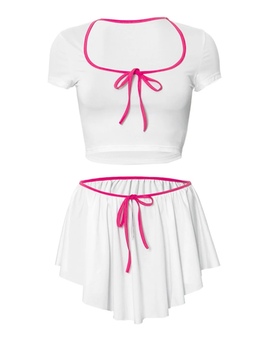 LW sexy cute skirt 2pcs sets Crop Top Drawstring Ruched Skirt Set short sleeve crop top + mini skirt sets Cheerleading Costume