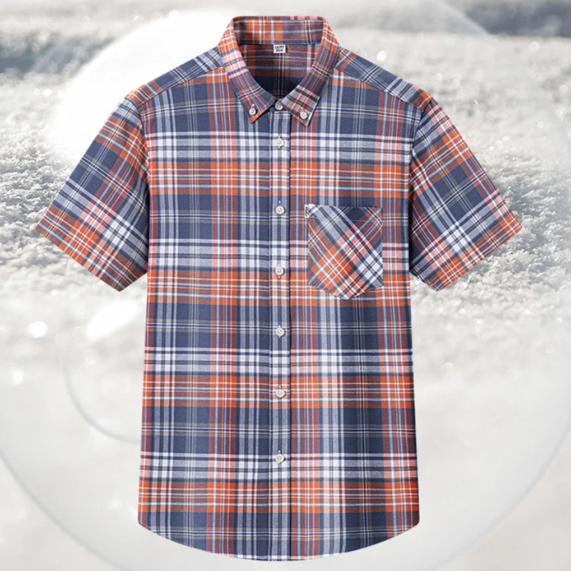 Solid Color Classic Stripes Plaid Shirt Men White 100%cotton Easy-care White Short Sleeve Shirts for Men 4XL 3XL Casual Business