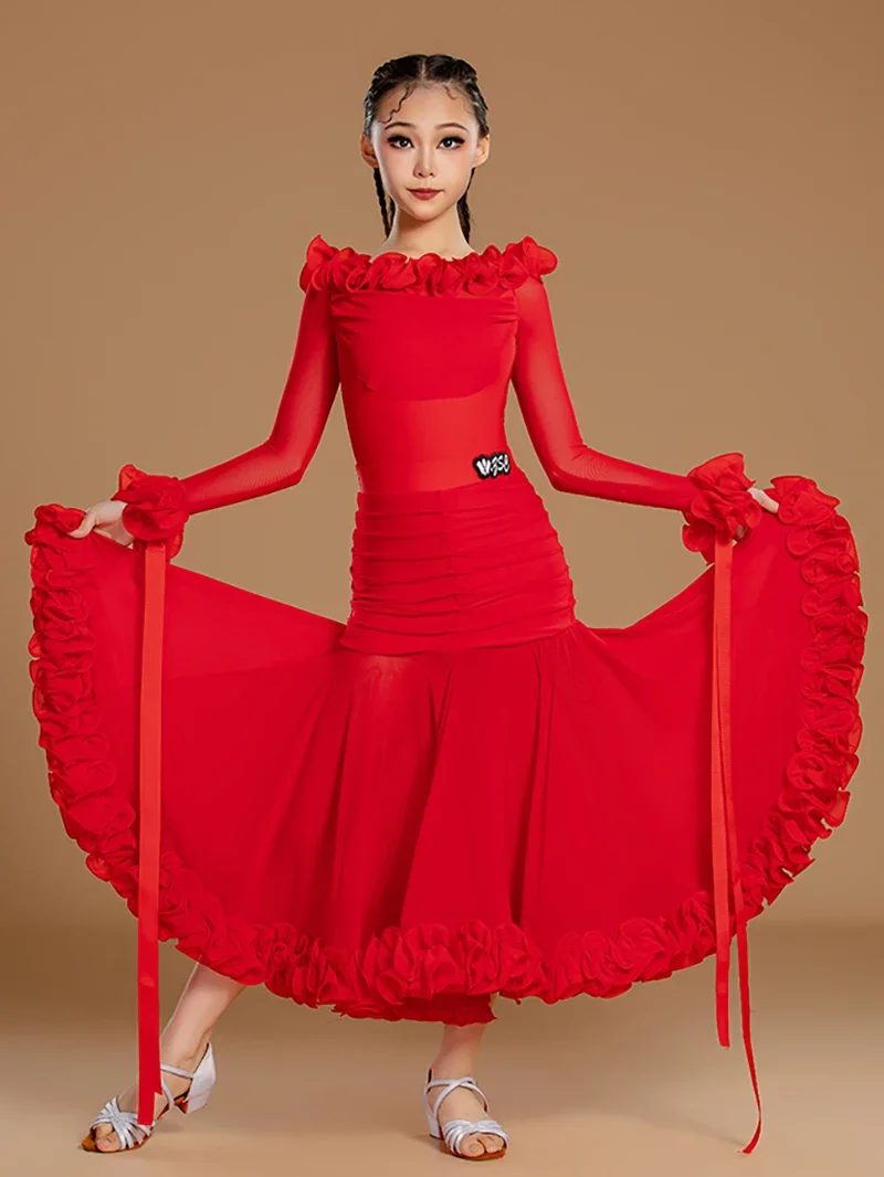 Roter Walzer, Tango, Gesellschaftstanz, professionelle Kleider, Netz-Body und große Rüschenröcke, moderne Tanzkostüme für Kinder und Mädchen