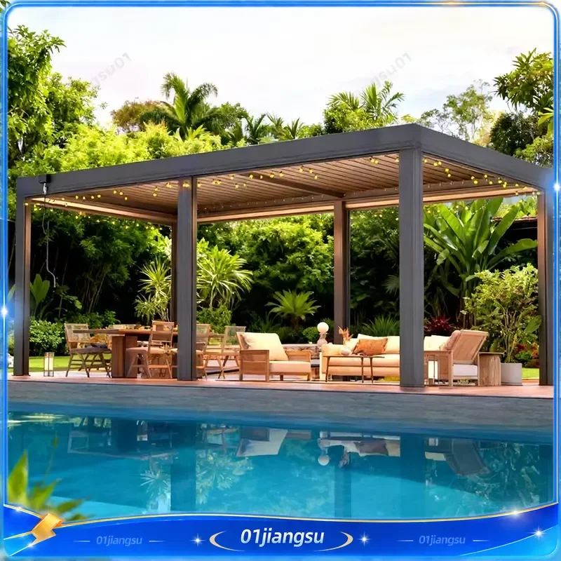 12x16ft Motorized Aluminum Pergola Gazebo Waterproof Windproof Adjustable Roof LED Light Outdoor Pavilion for Backyard Patio