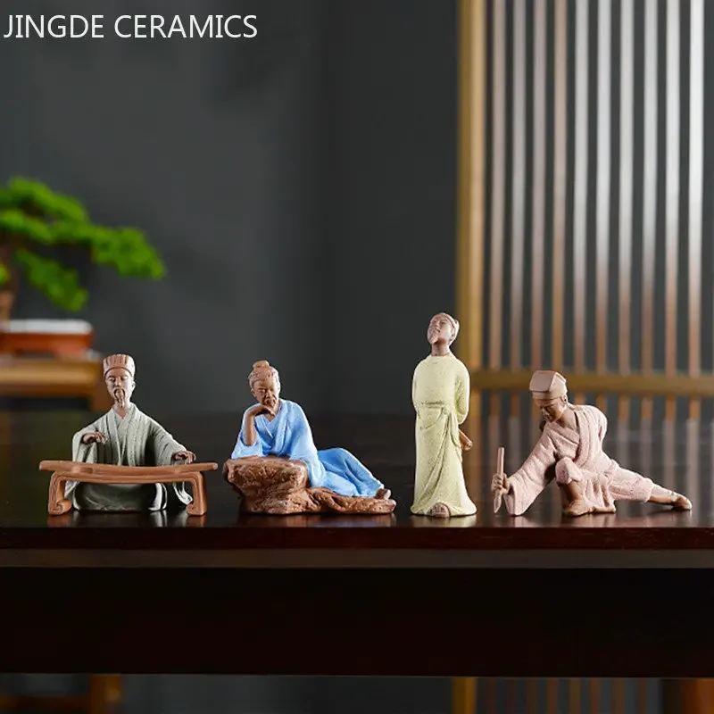 Zen Purple Clay Figure Statue Tea Pet Chinese Living Room Desktop Ornament Creative Bonsai Decoration Tea Table Accessories