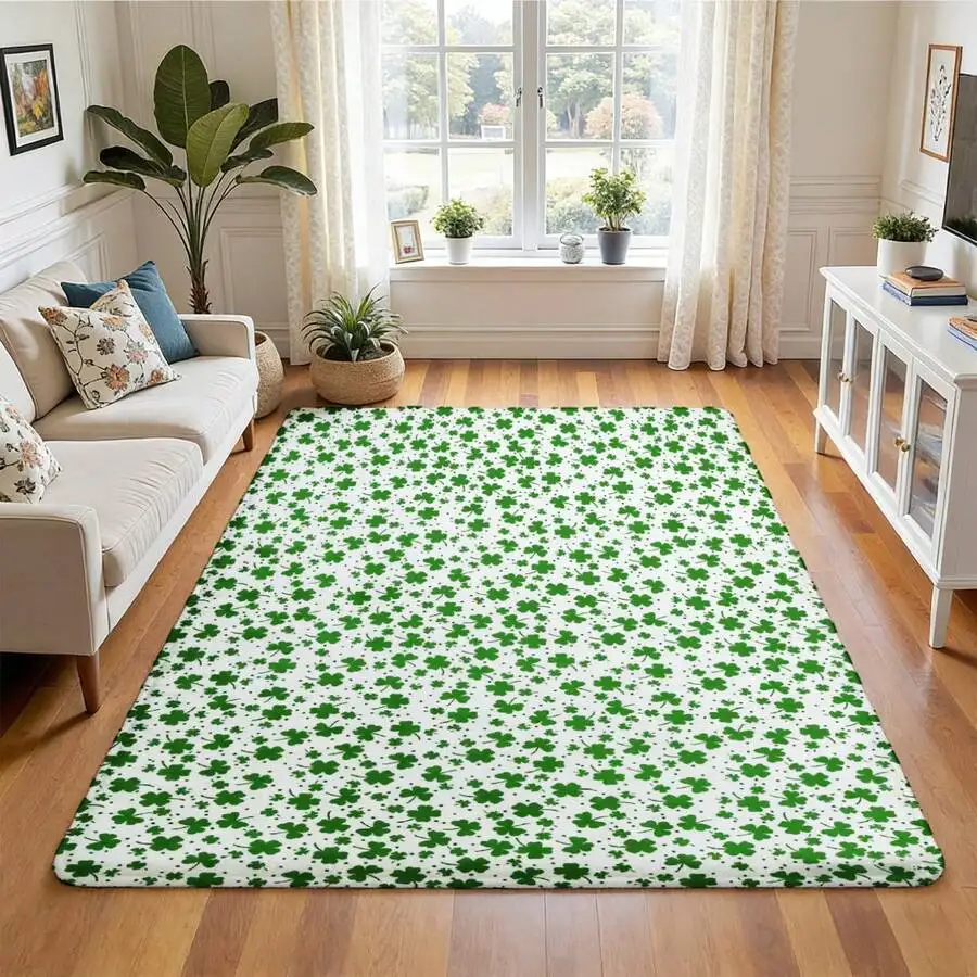Soft Flannel Large Area Rug With Green Clover Pattern Anti-Slip Backing For Living Room Bedroom Home Decor