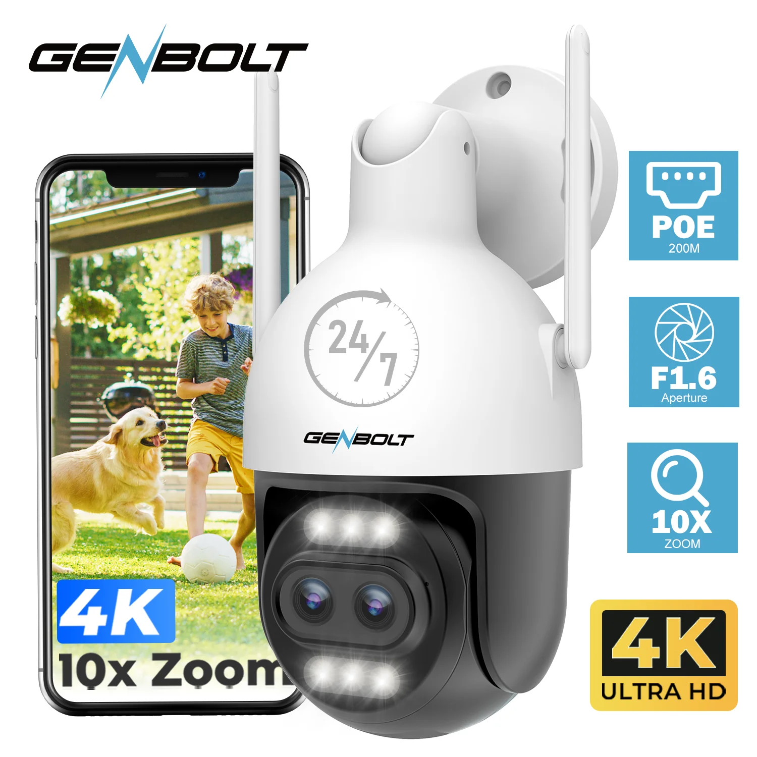 GENBOLT 4K 8MP Dual-Objektiv PoE WLAN Außen-Sicherheitskamera 10-fach Zoom Automatische Menschen- und Fahrzeugverfolgung 2,4/5GHz CCTV IP-Kamera