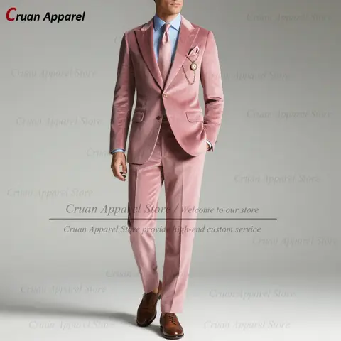 Fashion Pink Velvet Suit Set For Men Birthday Party Elegant Outfits 2pcs Wedding Party Custom High Quality Tuxedos For Groomsman