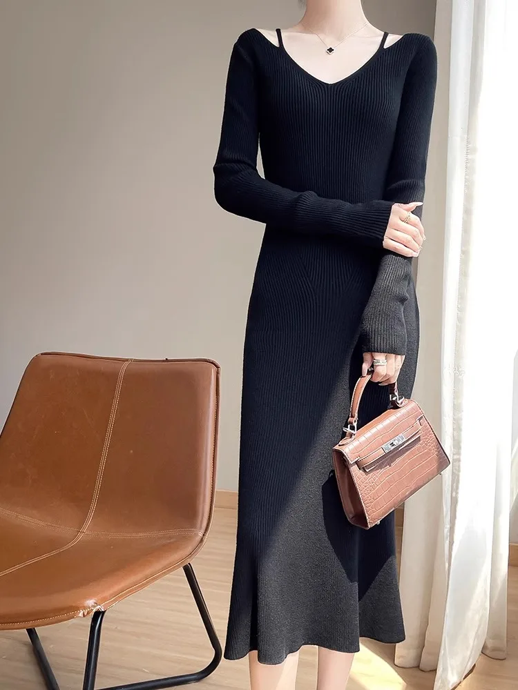 Feminino de malha longa dr emagrecimento interior usar camada base camisola dr cintura alta v-ne midi saia para outono inverno