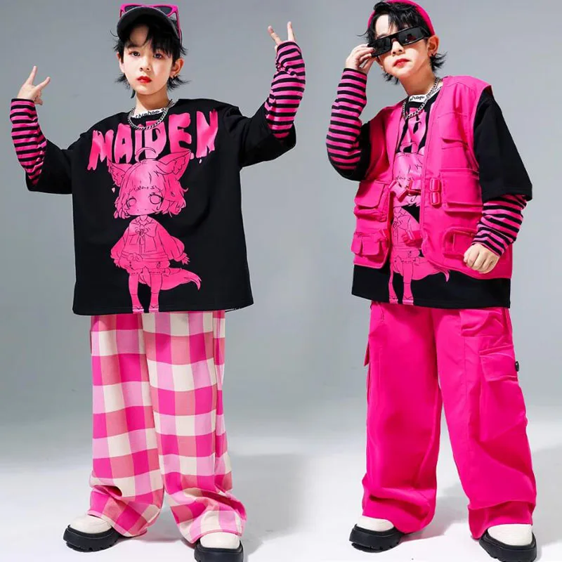 Kinderen Hiphop Outfits Bedrukt Sweatshirt Jongens Streetdance Pullover Roze Cargo Broek Meisjes Streetwear Kids Jazz Kleding Sets