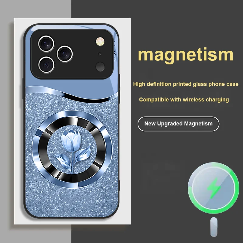 

For iPhone 17 Pro MAX Magnetic Glass Phone Case Dust Protection Cover Circular Tulip Pattern Series