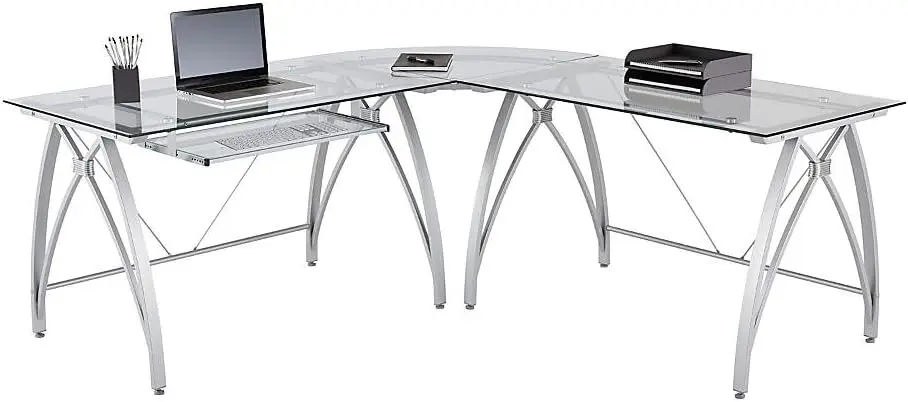 Realspace® Vista Glass 76"W L-Shape Corner Desk, Silver