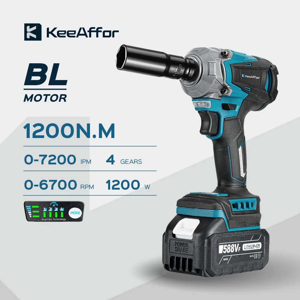 

KEEAFFOR 1200N.M Torque Electric Impact Wrench Brushless 1/2 Inch Cordless Screwdriver Electric Drill For Makita 18V Battery