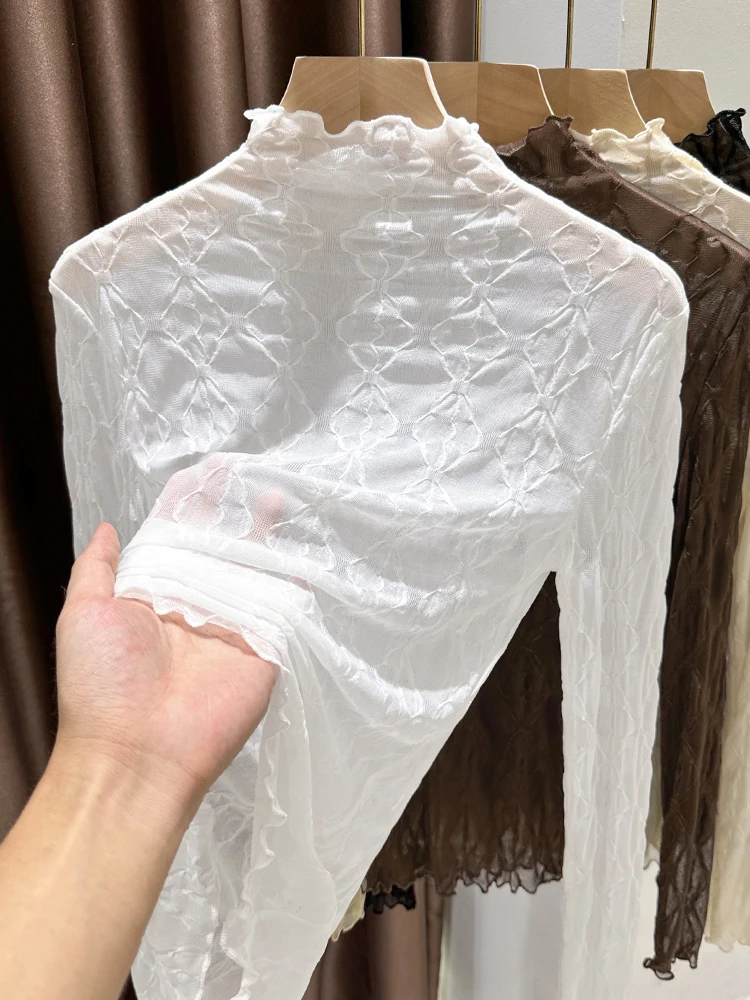 

Ele Long Sve Lace Trim Slim Fit Base irt Women's Autumn Winter Thin Inner Wear Me Top Wood ain Design