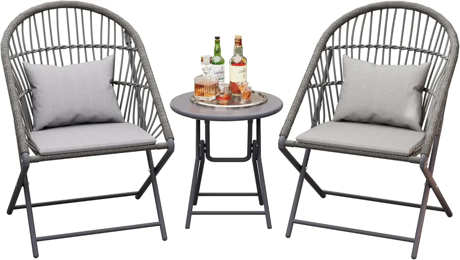 3-Piece Patio Bistro Set with Folding Rattan Chairs and Round Table - Small Outdoor Furniture for Balcony, Garden