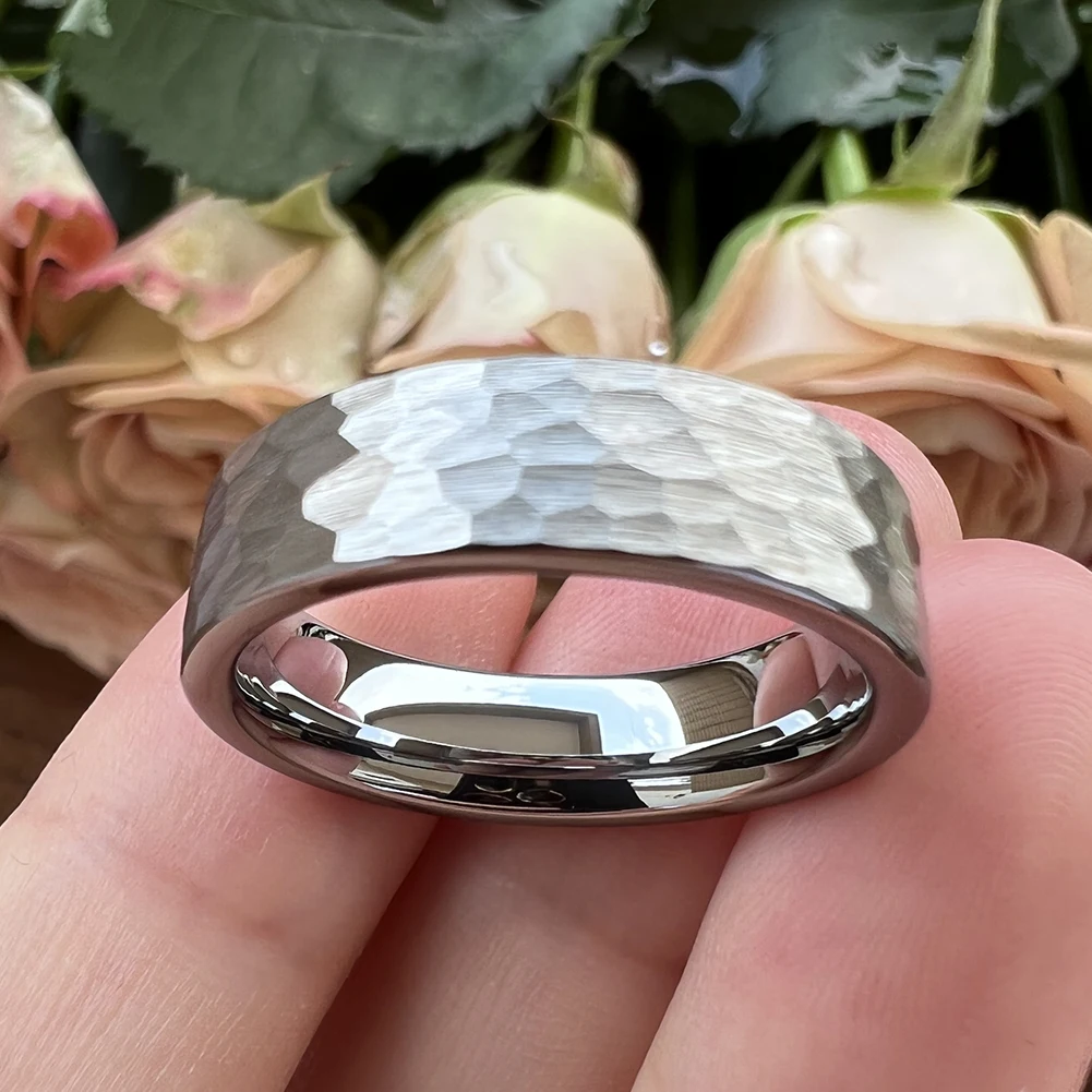 6mm Wolfram karbid ring vielfältig gehämmert für Männer Frauen Verlobung Ehering gebürstet fertig Komfort Passform – Detail 6