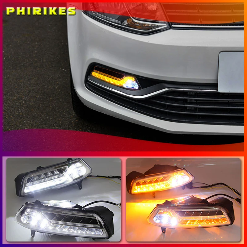 

2Pcs for VW Volkswagen Polo 2014 2015 2016 2017 Daytime Running Light flow Yellow Turn signal LED DRL Fog lamp