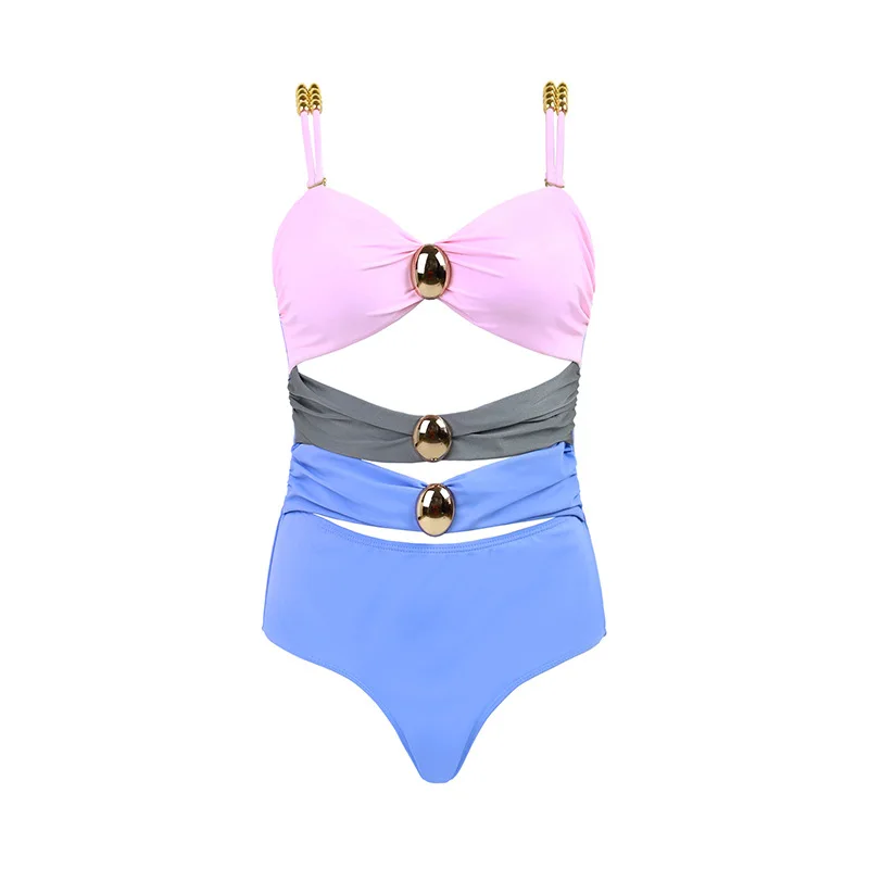 Nowy strój kąpielowy dopasowany kolorystycznie seksowny, wydrążony jednoczęściowy damski strój kąpielowy z wiązaną spódnicą, strój kąpielowy damski