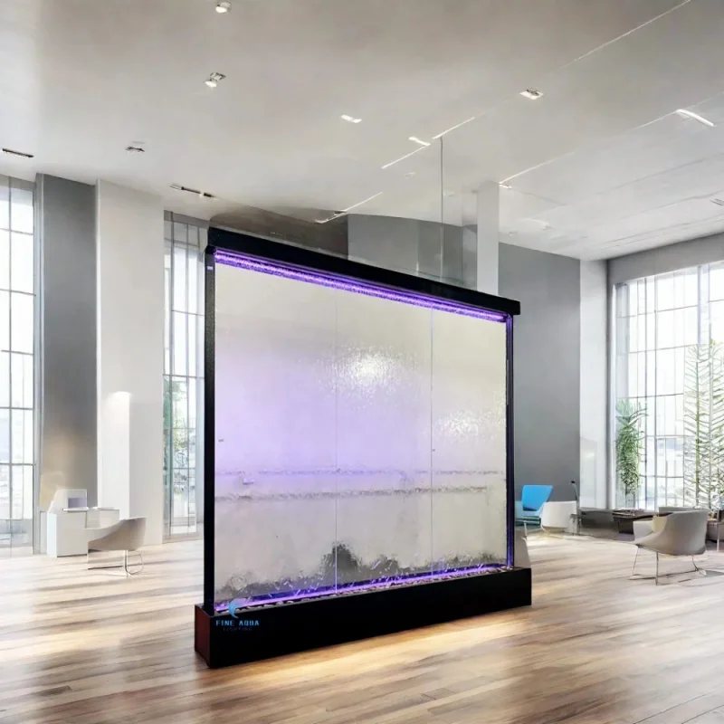 custom.High Quality Luxurious Elegant Standing Wall with LED Color Changing Lights Tempered Glass Waterfall Fountain