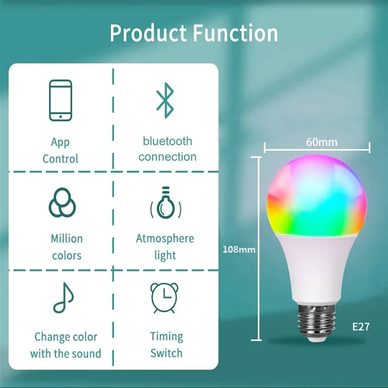 Bombilla E27 inalámbrica con Bluetooth 4,0, Control inteligente por aplicación Tuya, regulable, 15W, RGB + CW + WW, Lámpara LED que cambia de Color, Compatible con IOS/Android