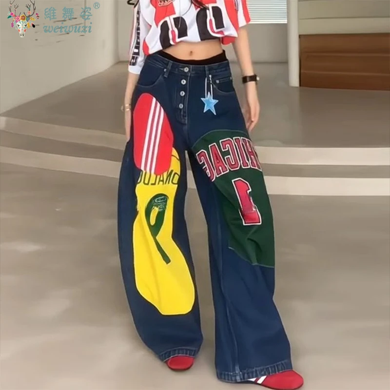 

Retro Contrast Patch Printed Women's Jeans American High Waist Pants Spice Girl Oversize Denim Pants Street Dance Wide Leg Pants