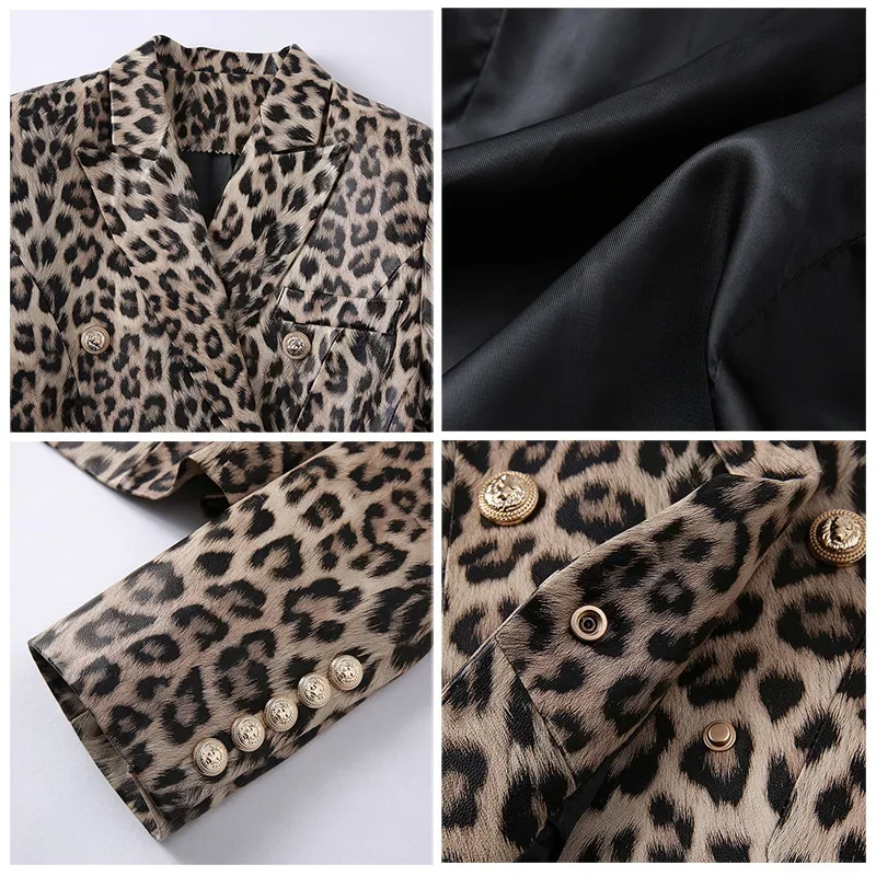 Jaqueta de couro genuíno e conjunto blazer feminino, estampa leopardo, terno feminino, saia de luxo da moda