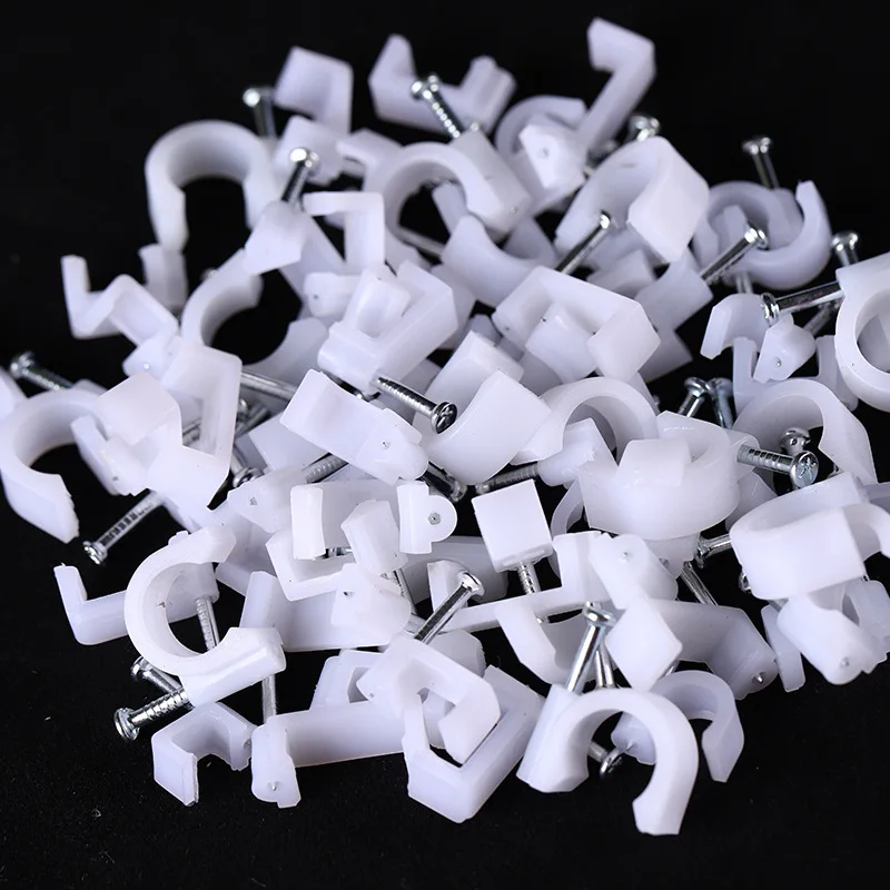 100pcs Cable Clip Nail Clip Wire Management Clamp White Fixing Round Steel Nail Wall Hanging Cable Clips 4/5/6/7/8/9/10mm
