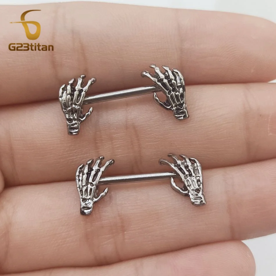 Women Men Nipple Ring Demon Claw Skeleton Hand Design 14G Surgical Titanium Steel Barbell Punk Gothic Body Piercing Jewelry 2pcs image 3