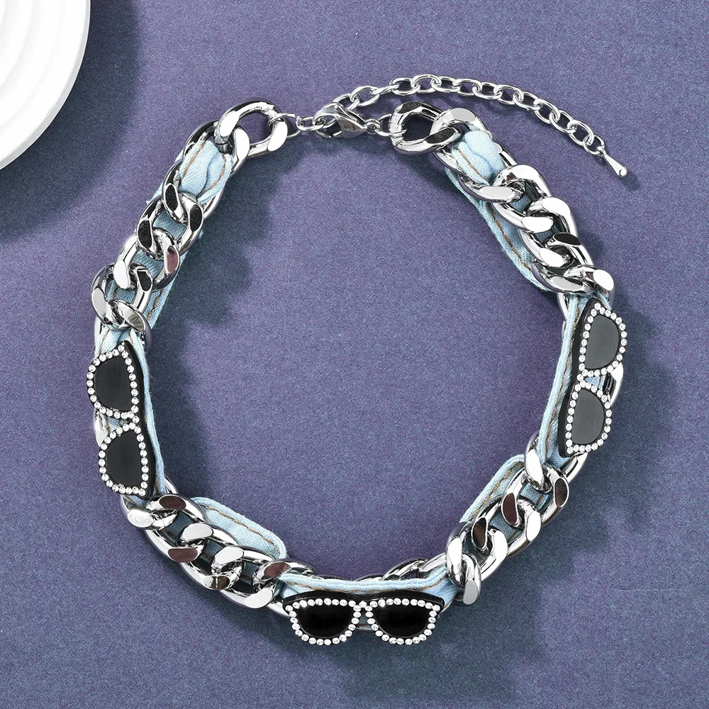 2025A trendy and cool hip-hop thick chain patchwork denim personalized eyewear collar