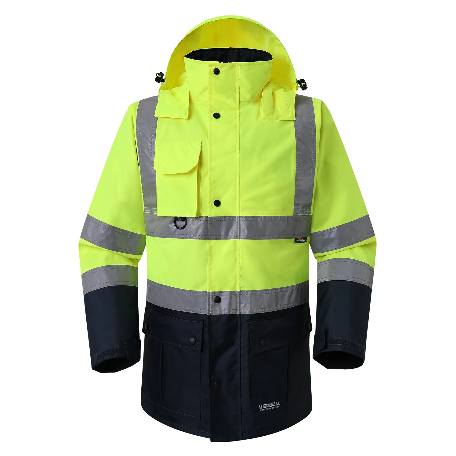 Men\'s Yellow Navy Winter High Visibility Safety Parka Jacket Hooded jacket, Hi-Vis Warm Coat with Pockets and Zipper