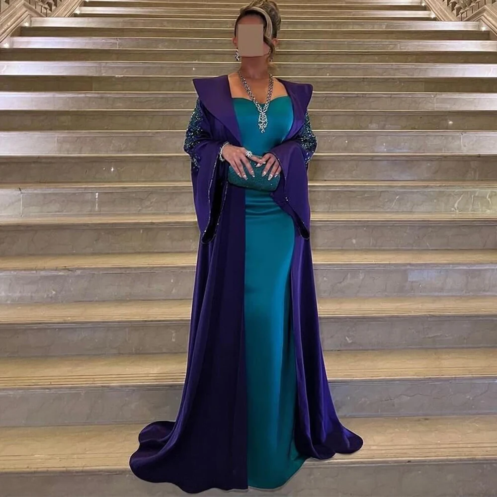 Saudi Elegant Luxury Evening Dress 2024 Contrast Color Purple&Blue Satin beads Beading Bespoke Occasion Gown Column Long Dress