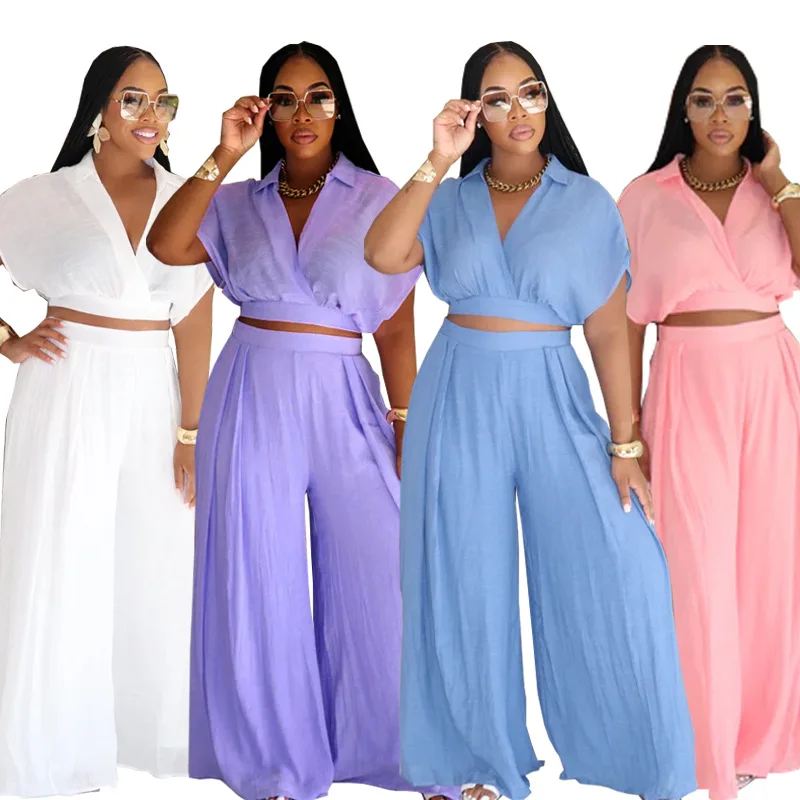 

European Fashion Women's Solid Color Casual Trendy Loose 2 Piece Sets Turn-down Collar V-neck Short Sleeve Tops Wide Leg Pants