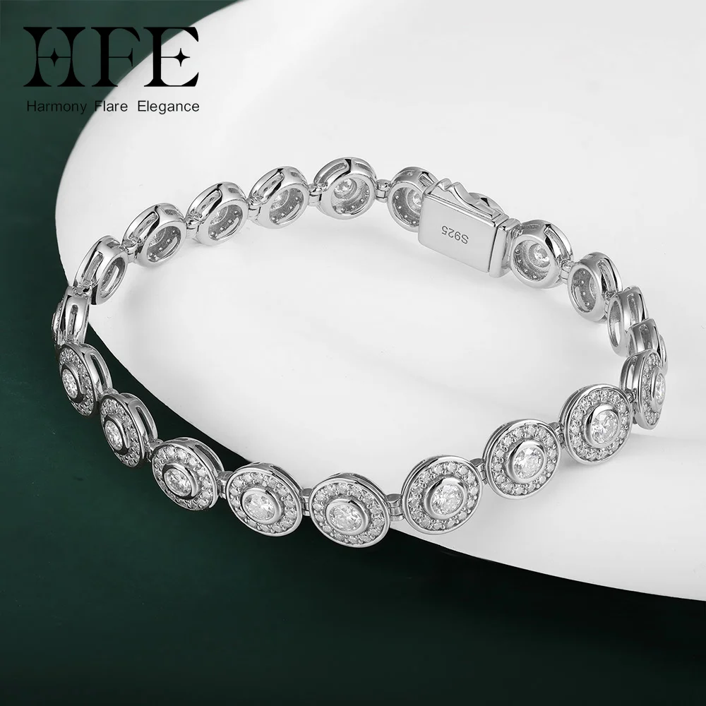 

HFE Round Moissanite Cuban Chain Tennis Bracelet 925 Sterling Silver Men's and Women's Fashionable Retro Wristband Jewelry Gift