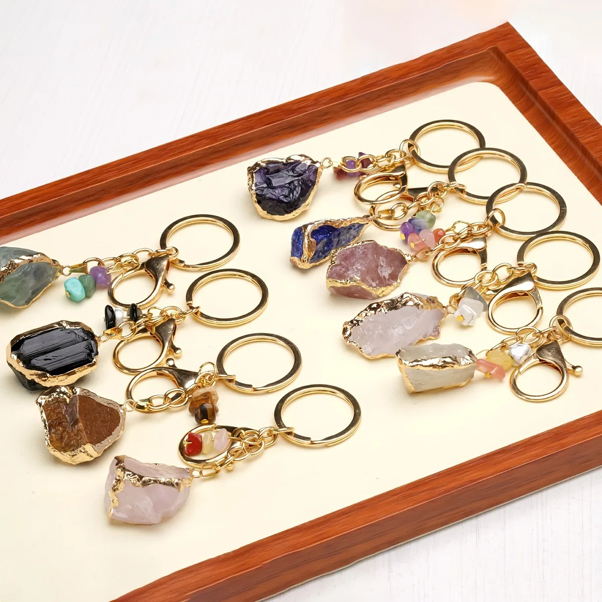 1pc Irregular Natural Stone Gold-plated Keychain Bag Decoration Pendants Keyrings Amethyst Pink Crystal Agate Jewelry Gift