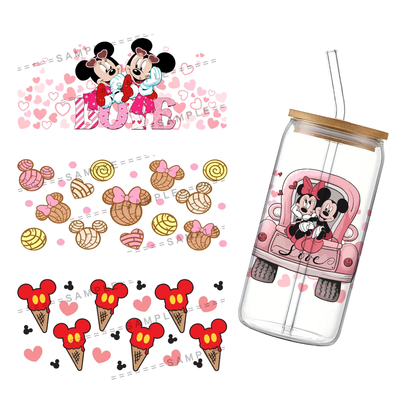 Disney Mickey Minnie Valentine's Day Theme For Libbey 16oz Can Glass 3D Waterproof UV DTF Coffee Can Wrap Libbey Glass Wrap