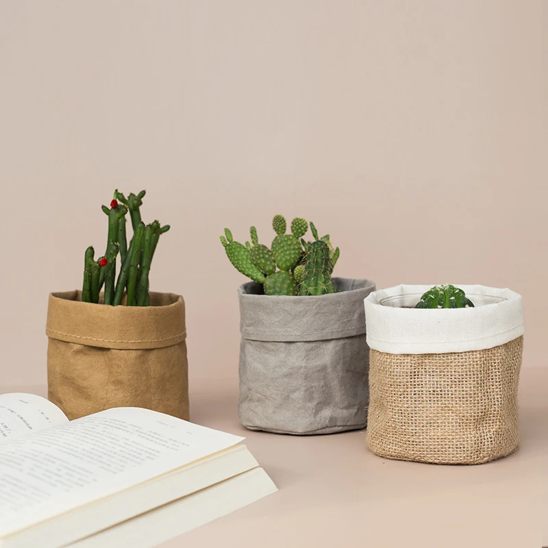 

Retro Kraft Paper Flower Basket Desktop Makeup Washable Fabric Storage Basket Flower Pot Cover Pen Holder Home Supplies