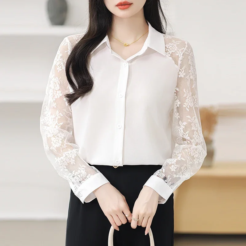 

New Long Sleeve Turn Down Collar Women Shirt White Lace Chiffon Shirt Blouse Women Tops Blusas Para Mujer Camisas De Mujer N155